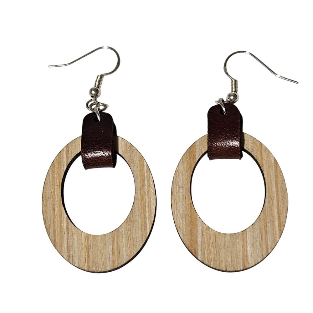 Boho Chic Wooden Hoop Dangle Earrings Brown Leather Accents Fashion Jewelry